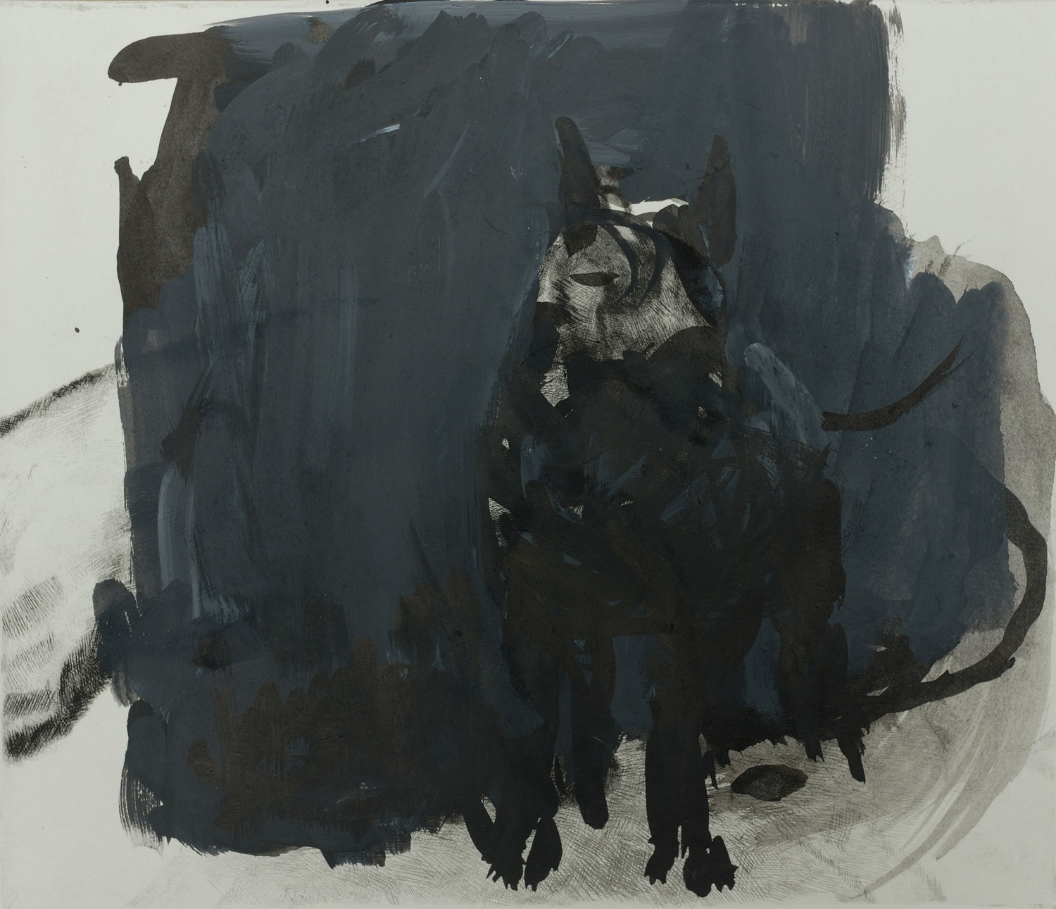 Die schwarzen Hunde 3 . 2005 . Übermalung (Radierung, Tusche, Acryl auf Papier) . 21 x 24,5 cm