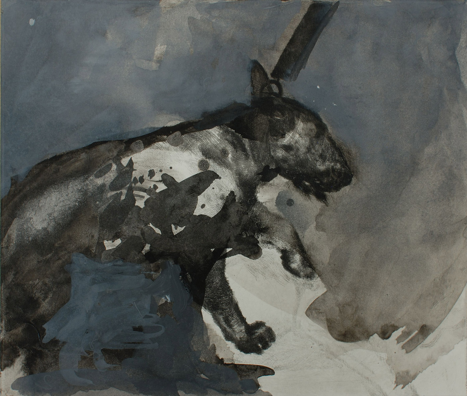Die schwarzen Hunde 5 . 2005 . Übermalung (Radierung, Tusche, Acryl auf Papier) . 21 x 24,5 cm